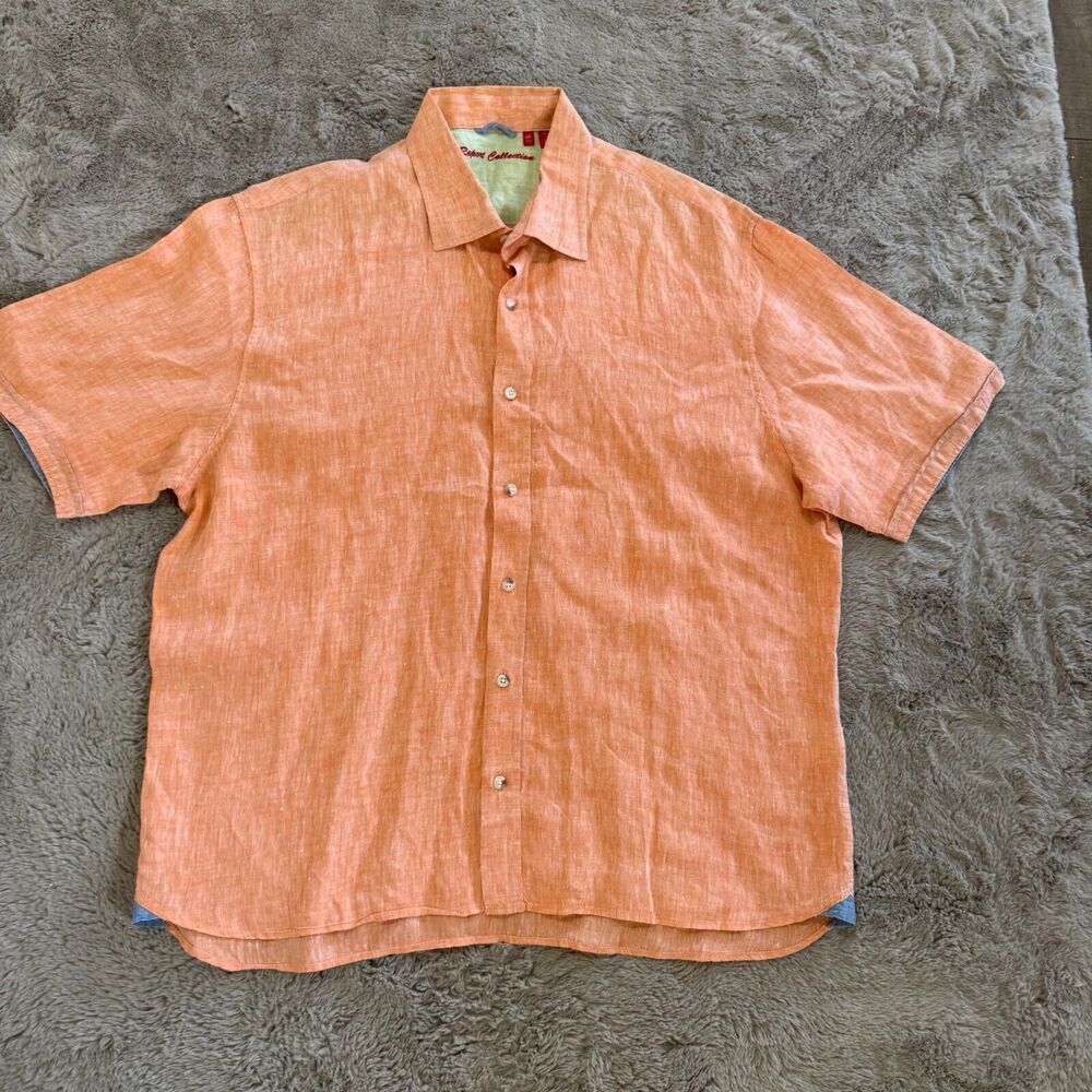 Report Collection Men Linen Shirt XXL Orange Short Sleeve Button-Up Modern Beach